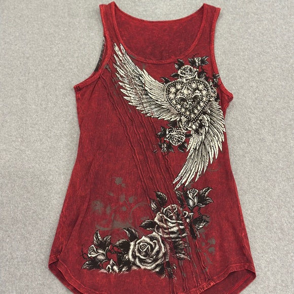 Affliction Tops - Women's Red Graphic Rhinestone Tank Top